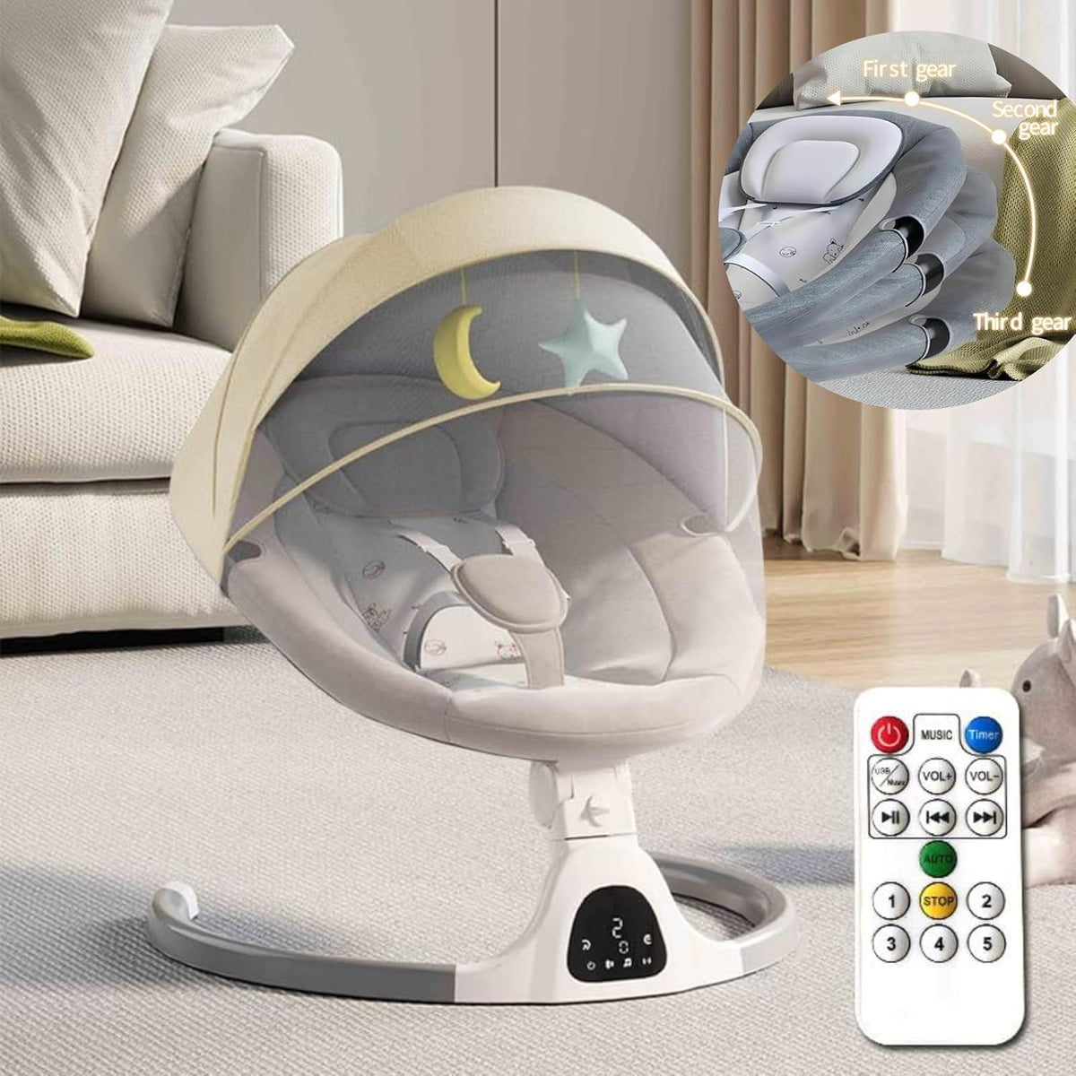 Adjustable Height Baby Swings for Infants to Toddler-Electric Bluetooth Infant Swing (Beige)
