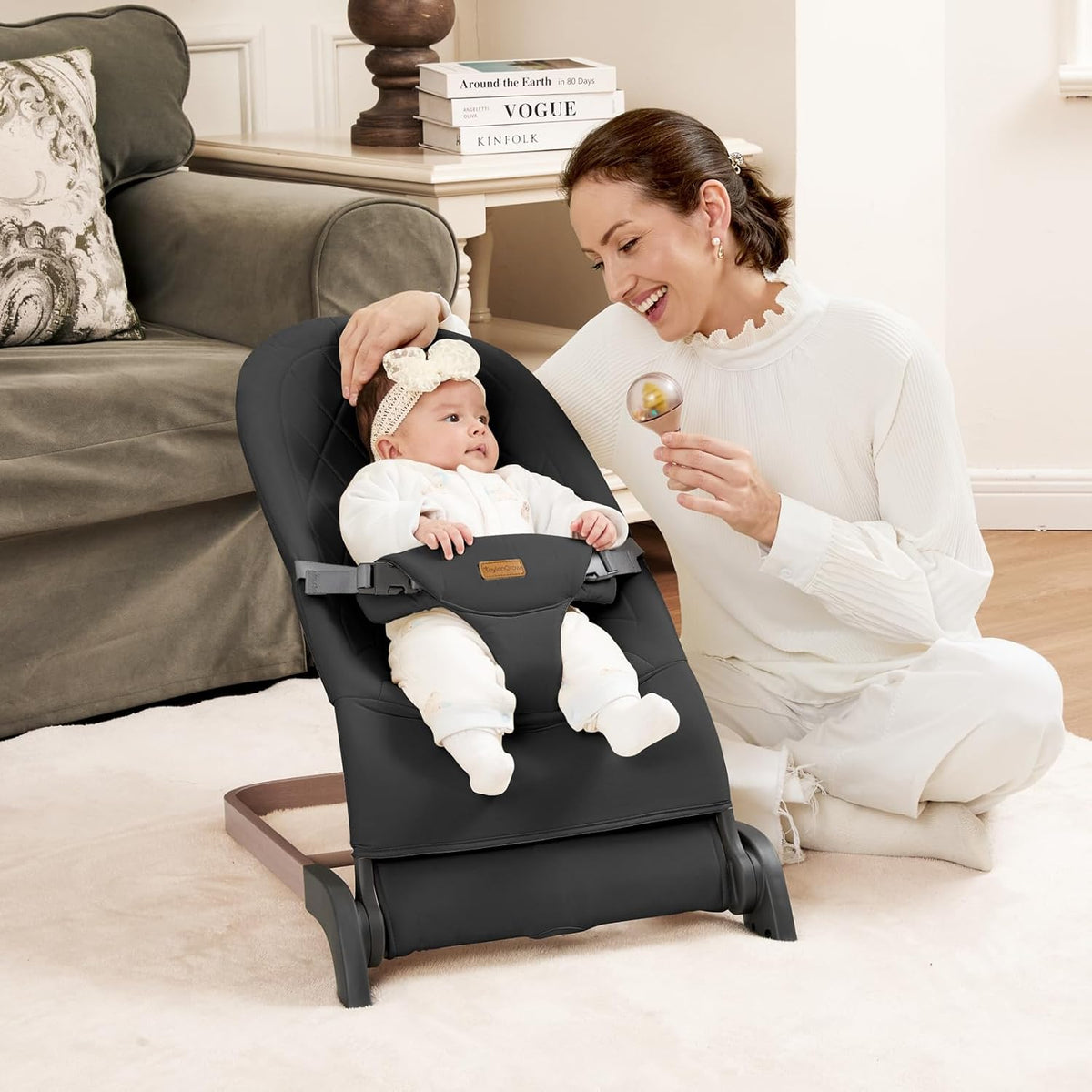 Foldable Baby Bouncer, Baby Seat with 3 Adjustable Heights, Portable Newborn Rocker, Ergonomic Bouncy Seat for Natural Bounce, Bouncer for Babies 0-6 Months,Black