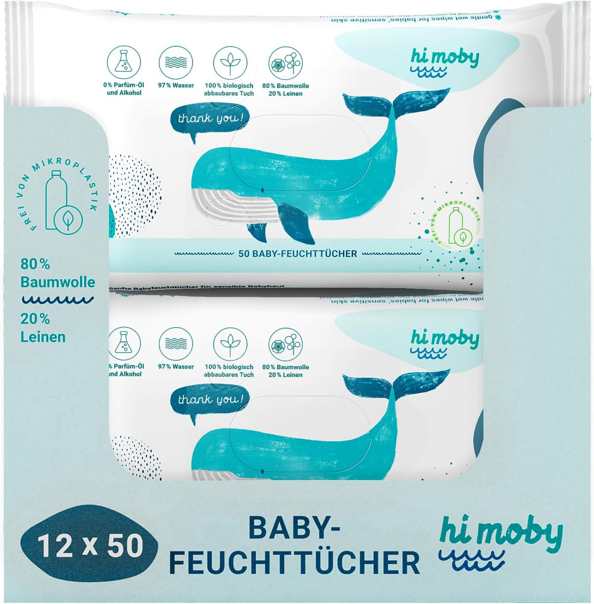 hi moby - 600 baby wipes made of cotton and linen, with organic quinoa, no perfume, no plastic, for sensitive baby skin, biodegradable, pack of 12, 50 wipes each