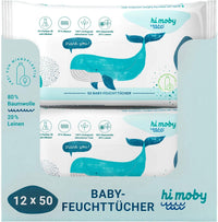 hi moby - 600 baby wipes made of cotton and linen, with organic quinoa, no perfume, no plastic, for sensitive baby skin, biodegradable, pack of 12, 50 wipes each