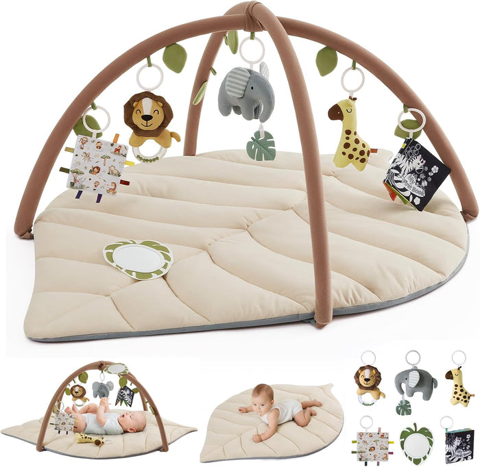Blissful Diary Baby Play Gym & Activity Mat, Leaf Shaped Baby Tummy Time Play Mat with 6 Detachable Toys, Promotes Motor Skills & Sensory Development, Oatmeal Beige