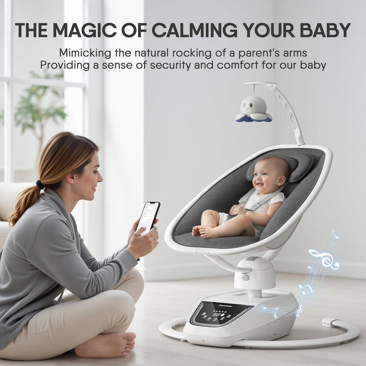 Baby Swings for Infants, Electric 3D-Motion Baby Swings with 7 Modes, 5-Point Harness, APP Control (7-33lbs)