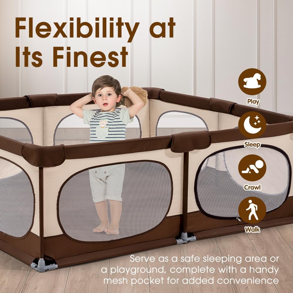 Baby Playpen, 150x180CM Play Pen for Babies & Toddlers, Brown