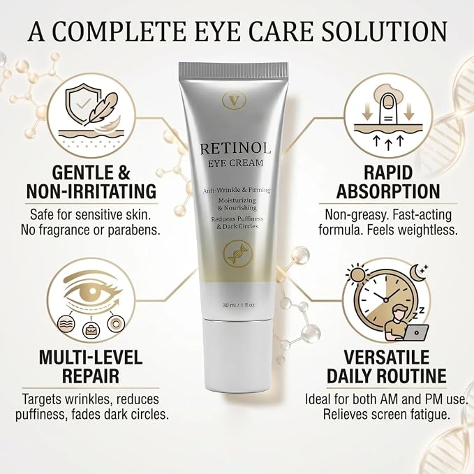 Retinol Under Eye Cream for Dark Circles and Puffiness, 1 Fl Oz | Retinol Eye Cream for Fine Lines, Firming & Moisturizing Skin Care Formula for Women & Men