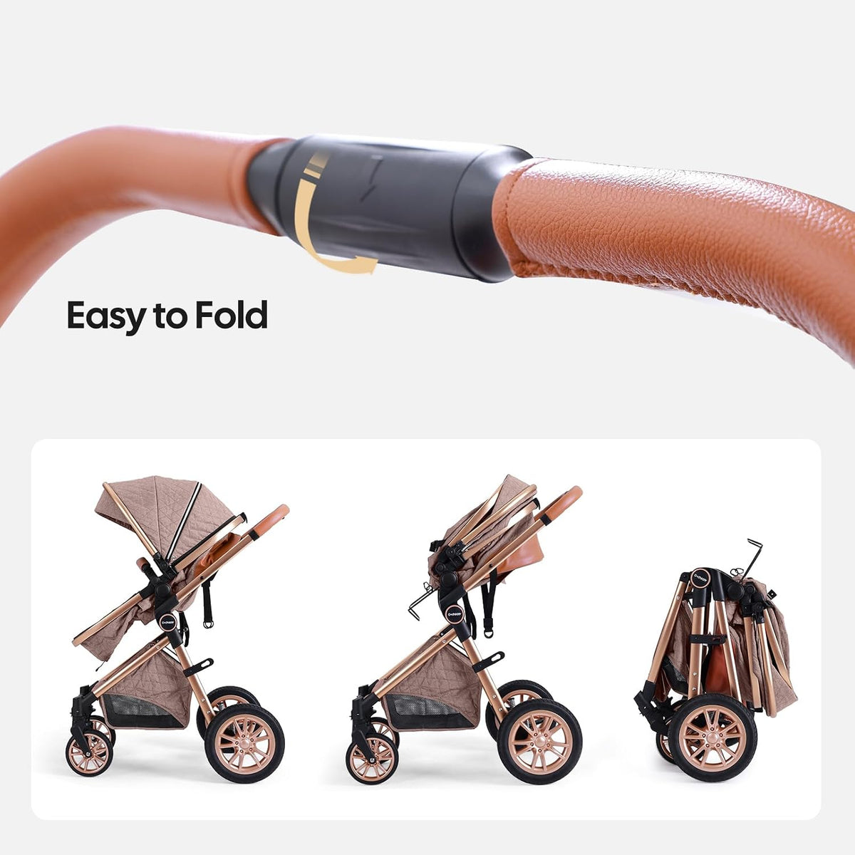 Luxury 2-in-1 Baby Stroller, Foldable Travel Stroller for Newborn to Toddler, Convertible Stroller with All-Terrain Wheels and UPF 50+ Canopy, Baby Glide Khaki Stroller