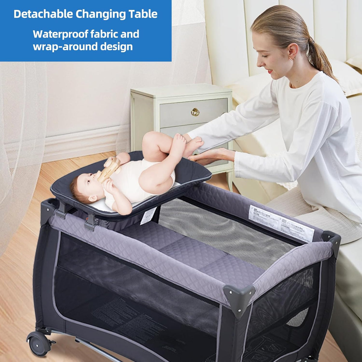 Portable Baby Crib, Foldable Baby Portacot, Travel Playard with Canopy, Nursery Center, Foldable Travel Playard with Changing Table, Soft Mattress, Hanging Toys and Carry Bag