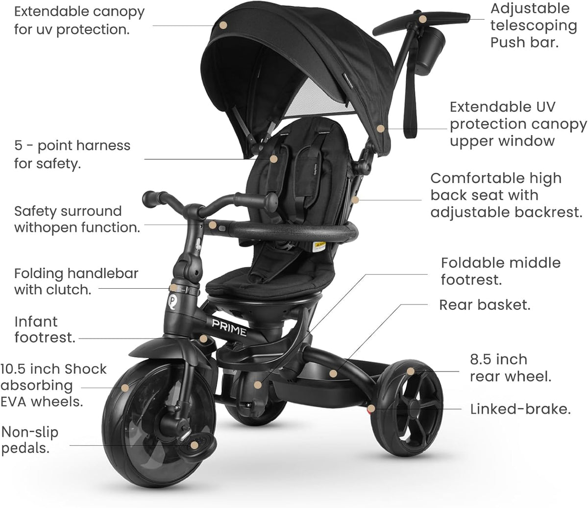 QPLAY Prime 6-in-1 Kids Trike & Pram – Toddler Stroller with Adjustable Parent Push Handle, Removable Canopy, Recline Backrest & Rotatable Seat, Fits Boys & Girls 10 Months-6 Years(Black)