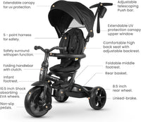 QPLAY Prime 6-in-1 Kids Trike & Pram – Toddler Stroller with Adjustable Parent Push Handle, Removable Canopy, Recline Backrest & Rotatable Seat, Fits Boys & Girls 10 Months-6 Years(Black)