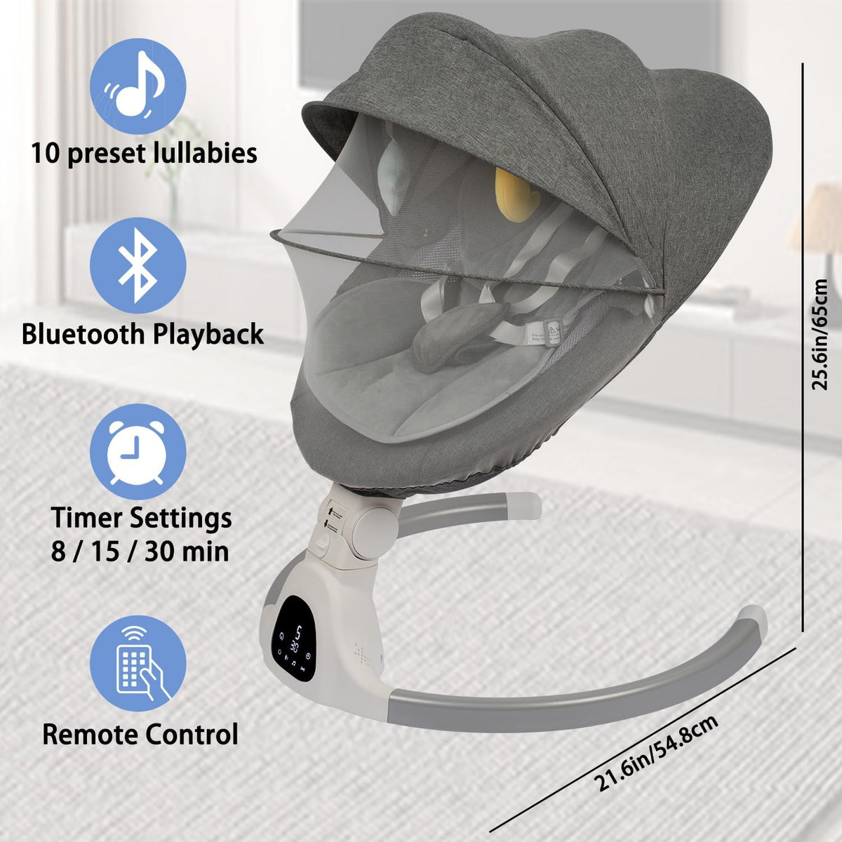 Baby Swing for Infants, with Bluetooth Remote Control Timing Function and 10 Music 5 Swing Speeds 3 Seat Positions Baby Bouncer for Boy Girl Indoor & Outdoor Use (Gray)