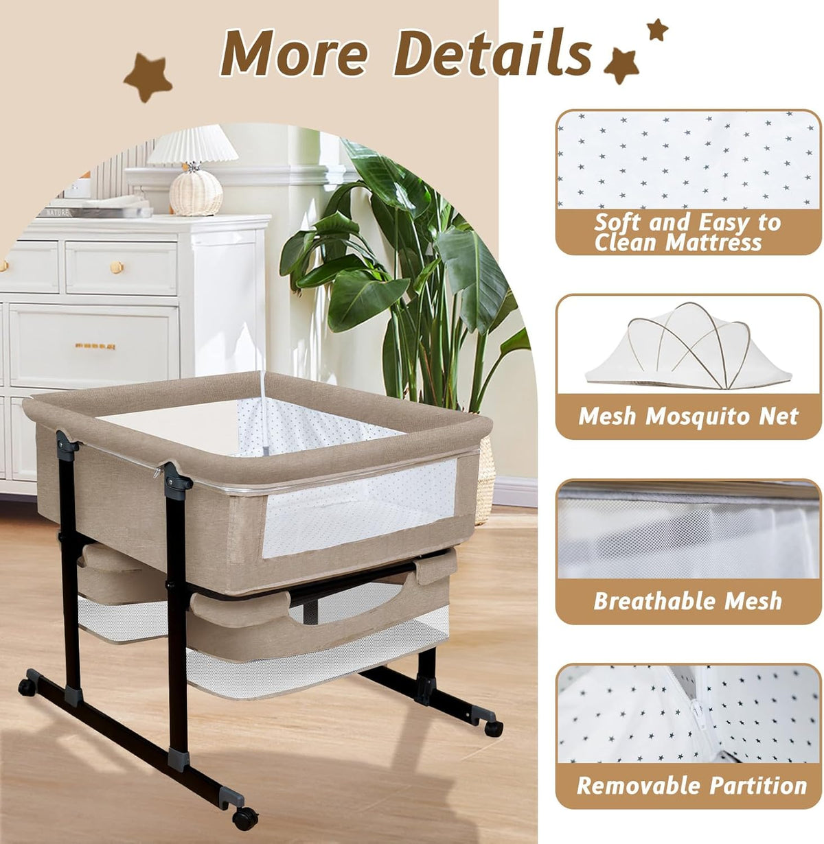 Twin Bassinet for 2 Babies, Double Bassinet for Twins with Mosquito Net & Storage Basket, Portable Foldable Bedside Sleeper for Newborns, Khaki