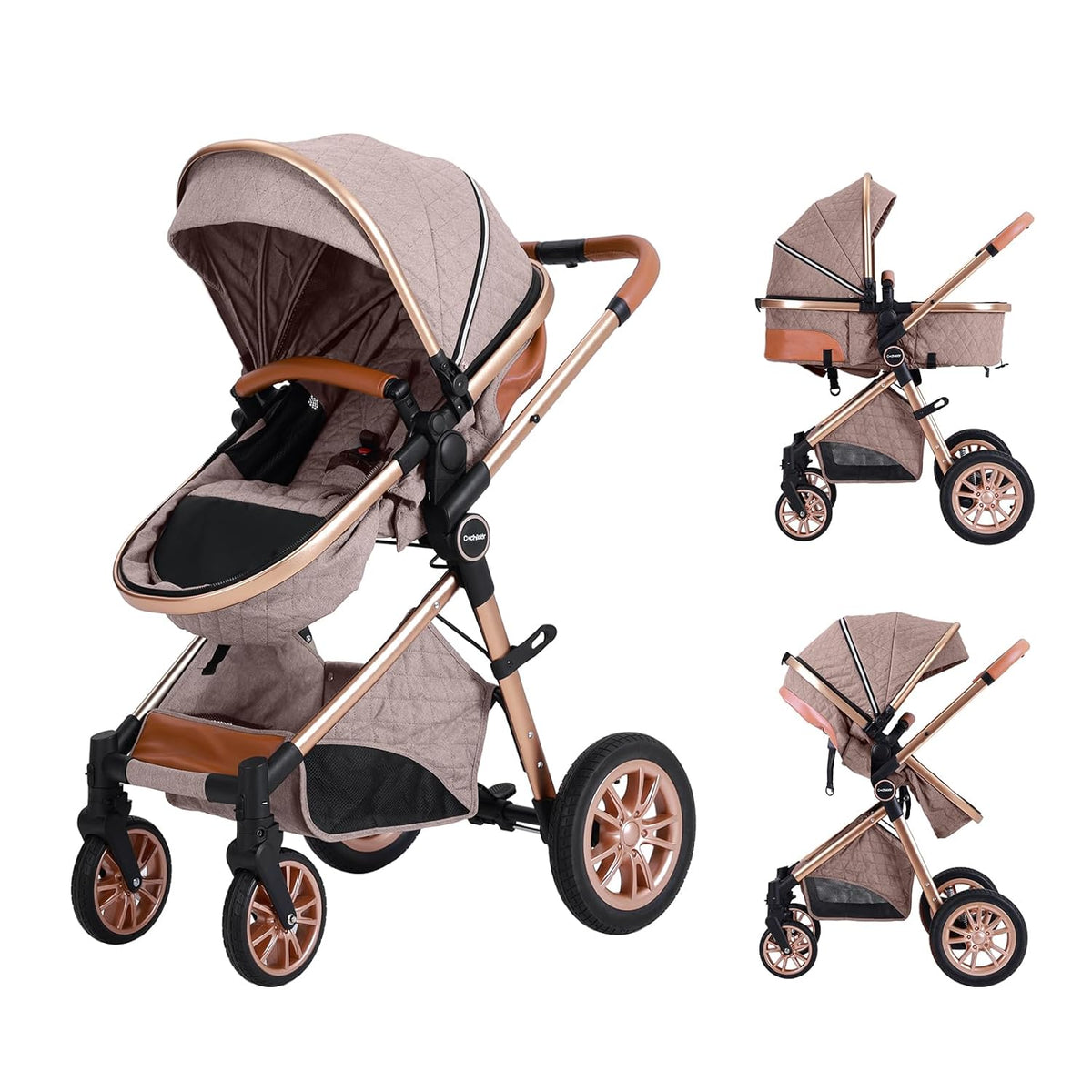 Luxury 2-in-1 Baby Stroller, Foldable Travel Stroller for Newborn to Toddler, Convertible Stroller with All-Terrain Wheels and UPF 50+ Canopy, Baby Glide Khaki Stroller