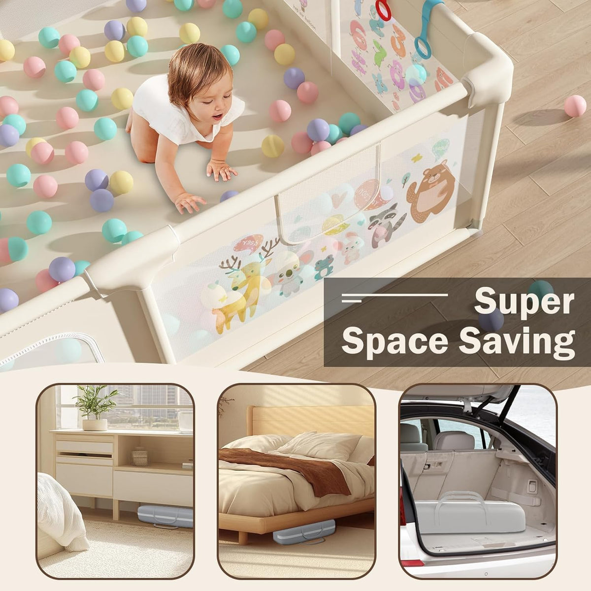 Extra Large Baby Play Pen for Toddlers with Pattern Anti-Slip Sturdy Play Yards Fence with 50 Balls, 4 Pull Rings, (Beige)