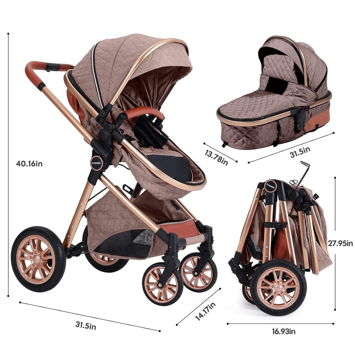 Luxury 2-in-1 Baby Stroller, Foldable Travel Stroller for Newborn to Toddler, Convertible Stroller with All-Terrain Wheels and UPF 50+ Canopy, Baby Glide Khaki Stroller