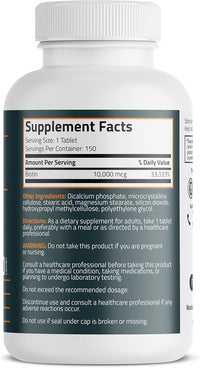 Bronson Biotin 10,000mcg, Supports Healthy Hair, Skin and Nails, Vegetarian, Non-GMO, 150 Tablets