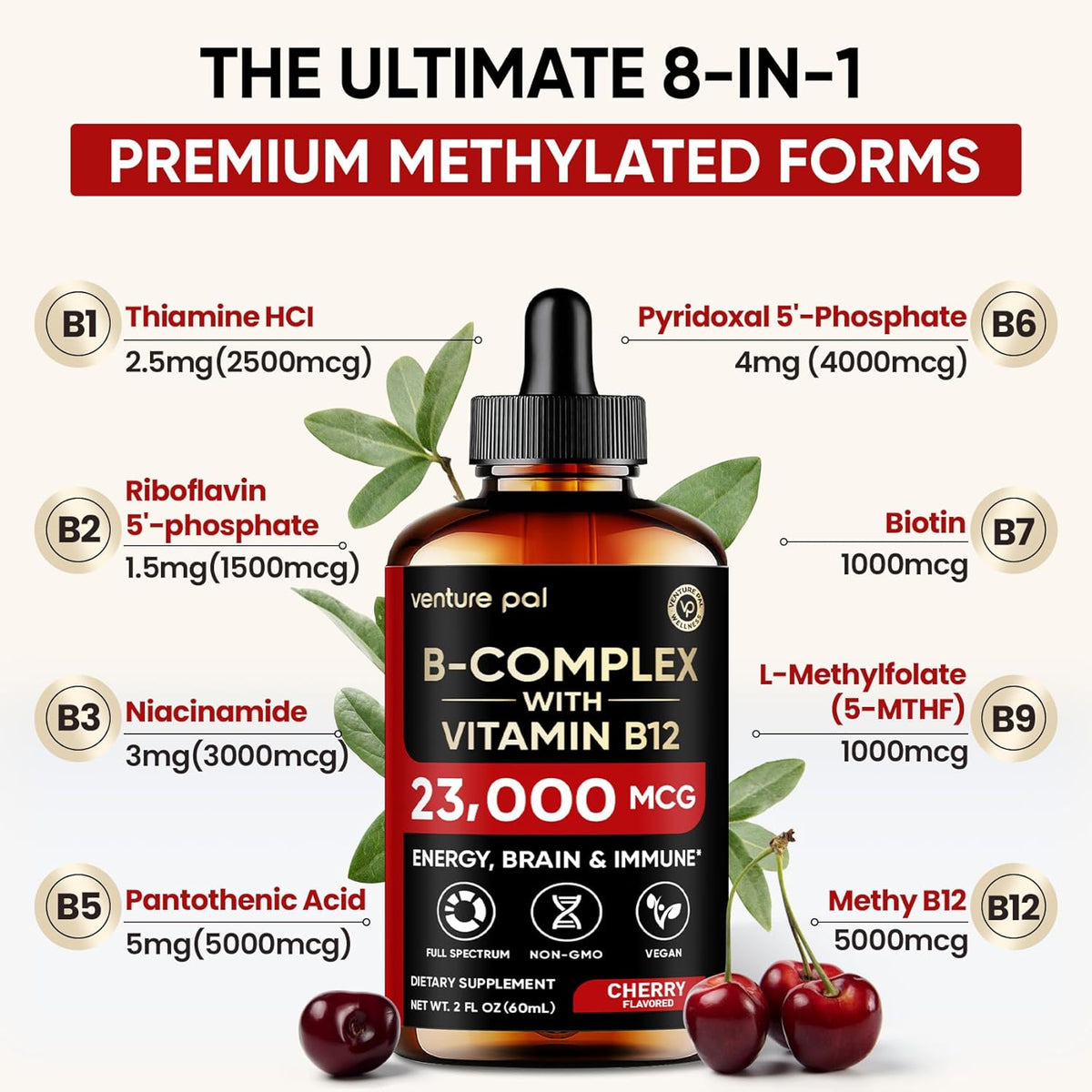 Venture Pal 11-in-1 Vitamin B Complex Liquid Drops, B12 Methylcobalamin | B9 Folic | B1,B2,B3,B5,B6,B7 - Vitamin C, Choline, Inositol, Immune & Energy Metabolism, Brain & Heart Support