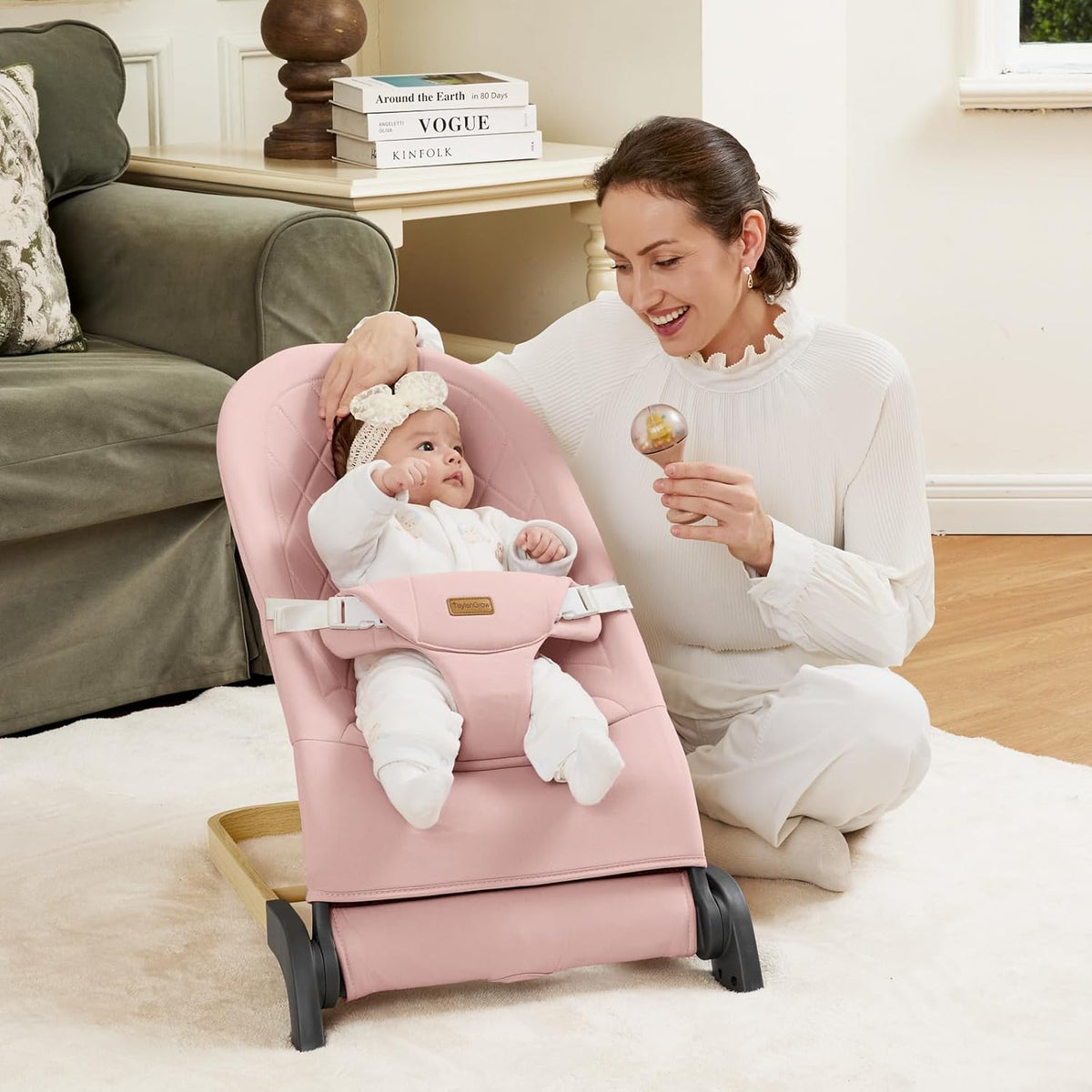 Soft & Foldable Baby Rocker with Adjustable Recline, Premium Linen Fabric & Strong Metal Frame
