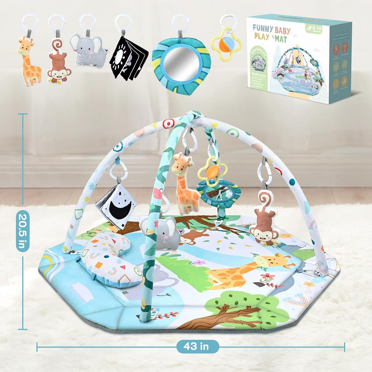 Baby Gym Play Mat, 8-in-1 Tummy Time Mat & Ball Pit with 6 Toys