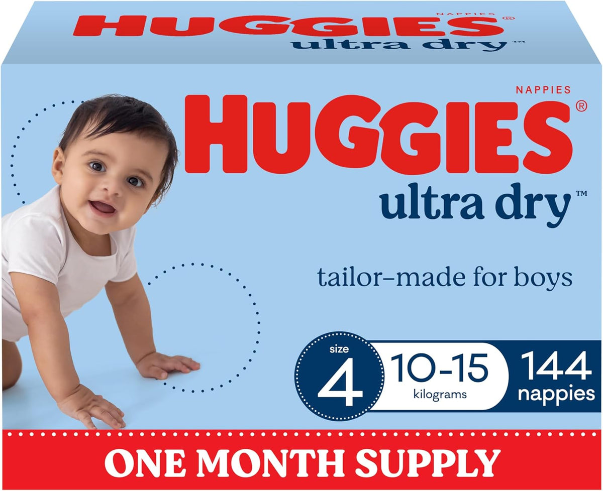Huggies Ultra Dry Nappies Boys Size 4 (10-15kg) 144 Count - One Month Supply