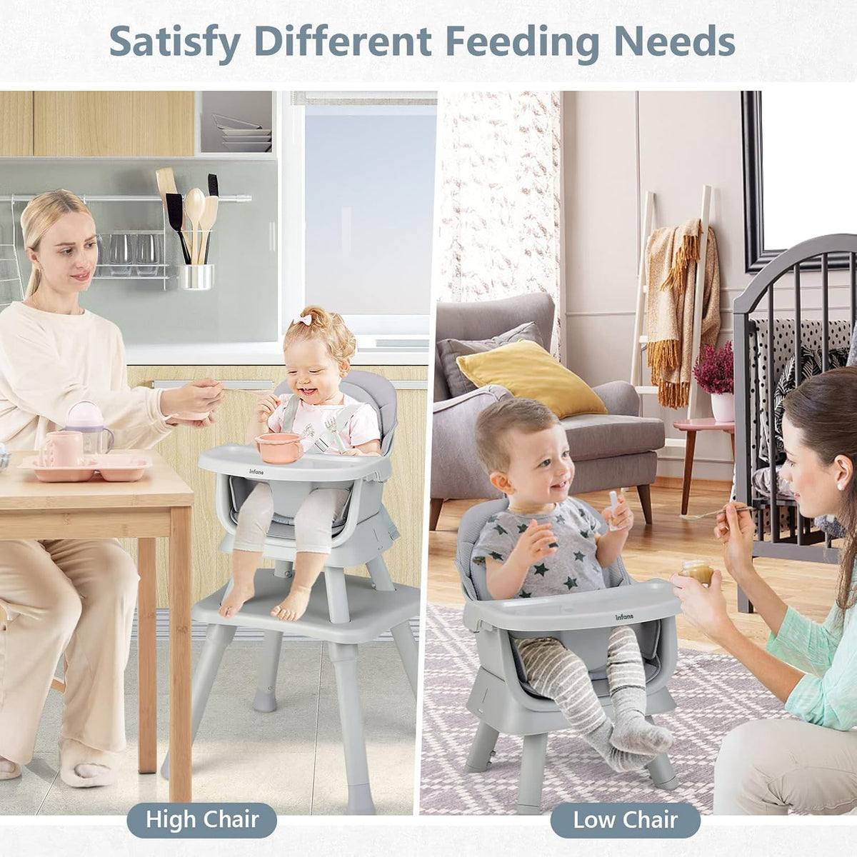 INFANS 8 in 1 Baby High Chair, Convertible Highchair for Babies and Toddlers (Grey)