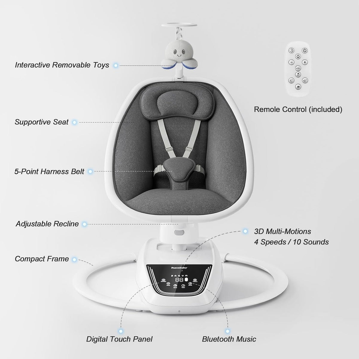 Baby Swings for Infants, Electric 3D-Motion Baby Swings with 7 Modes, 5-Point Harness, APP Control (7-33lbs)