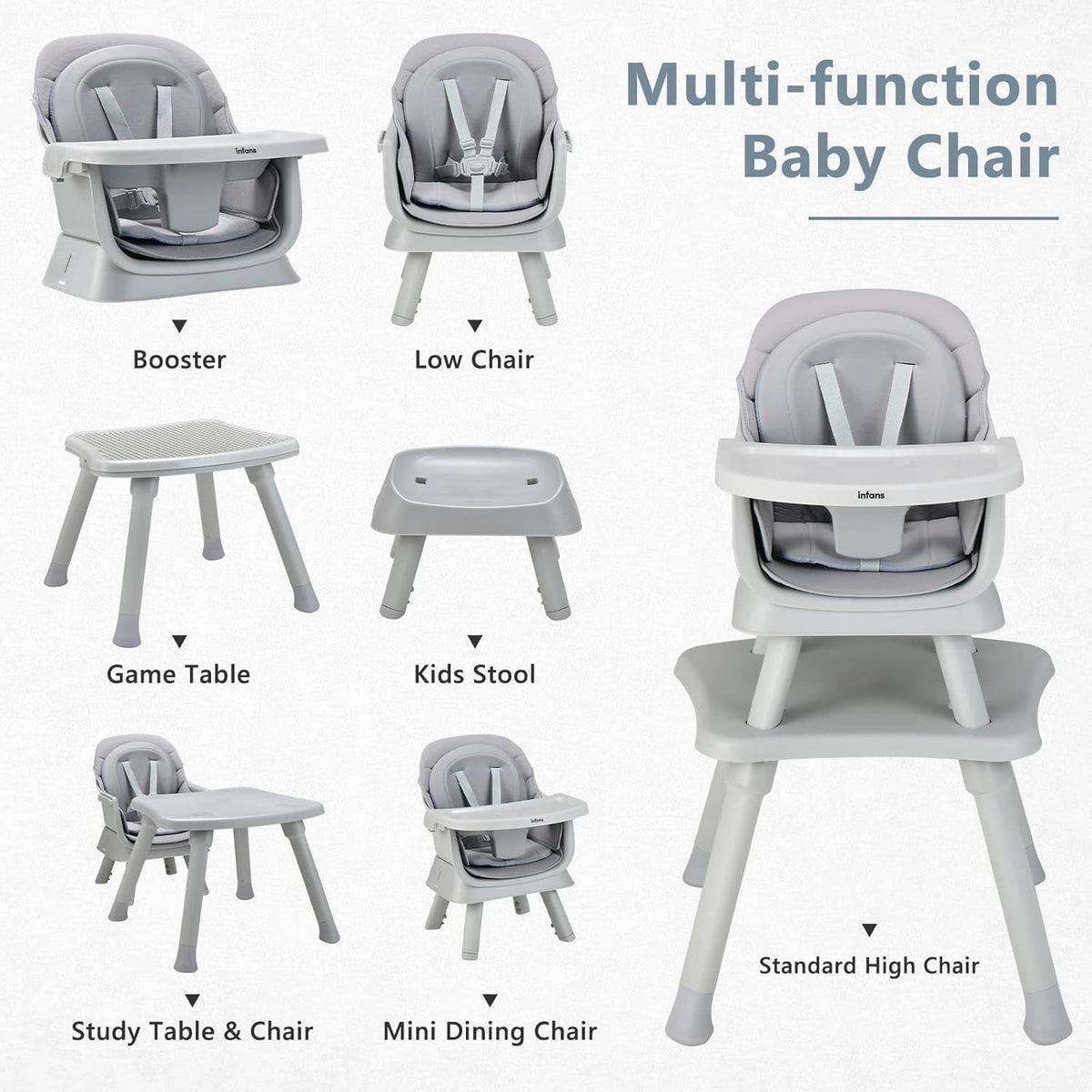 INFANS 8 in 1 Baby High Chair, Convertible Highchair for Babies and Toddlers (Grey)