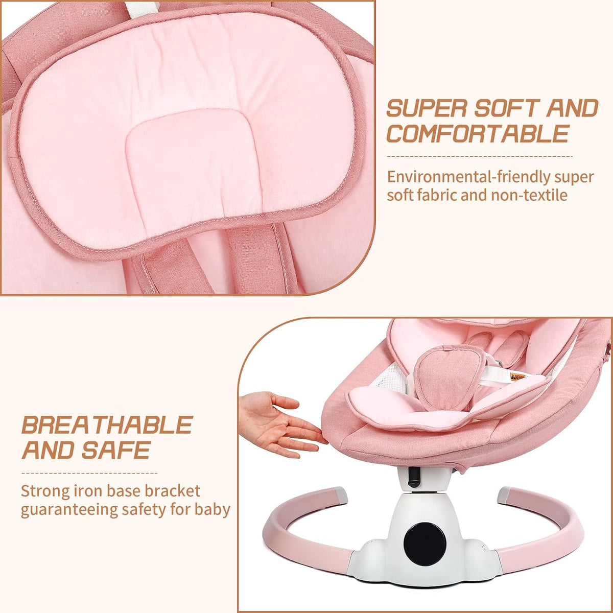 Baby Bouncer, Portable Electric Baby Swing with Bluetooth, 5 Swing Speed, 10 Lullabies, 5-Point Harness, Remote Control & Touch Panel - Bouncer from Birth for Indoor & Outdoor Use(Pink)