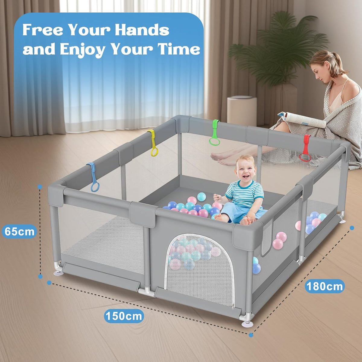 Baby Playpen 180 x 150CM, Extra Large Baby Play Pen for Babies and Toddlers, Baby Fence Play Pens Indoor & Outdoor Activity Center with Ocean Balls and Pull Rings