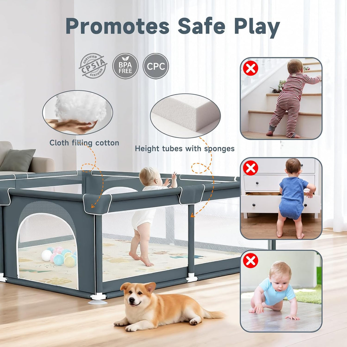 Baby Playpen with Mat 120*120cm, Baby Play Pen with 50 Balls Pit, 4X Handlers and Mat-Grey