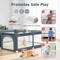 Baby Playpen with Mat 120*120cm, Baby Play Pen with 50 Balls Pit, 4X Handlers and Mat-Grey