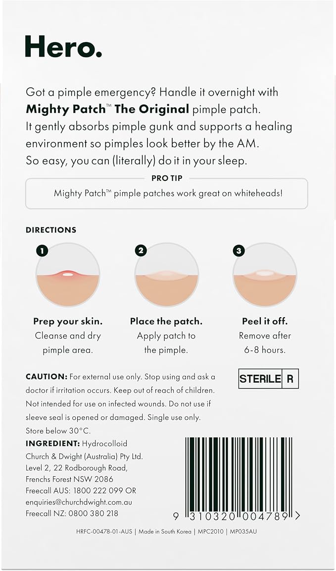 Hero Mighty Patch™ Original - Overnight Pimple Patch, Medical-Grade Hydrocolloid, Shields Skin and Gently Absorbs Pimple Gunk While You Sleep, Sensitive Skin Safe (60 Count)