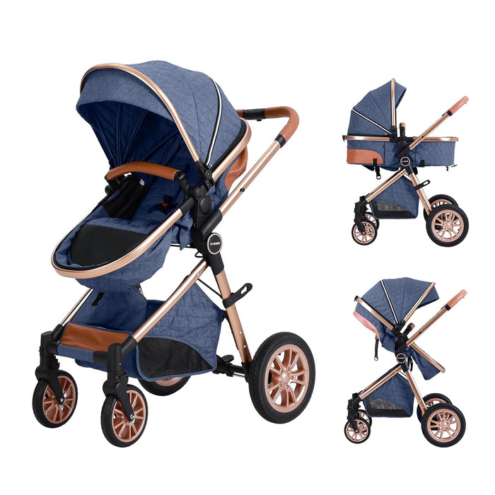 Luxury 2-in-1 Baby Stroller, Foldable Travel Stroller for Newborn to Toddler, Convertible Stroller with All-Terrain Wheels and UPF 50+ Canopy, Baby Glide Blue Stroller