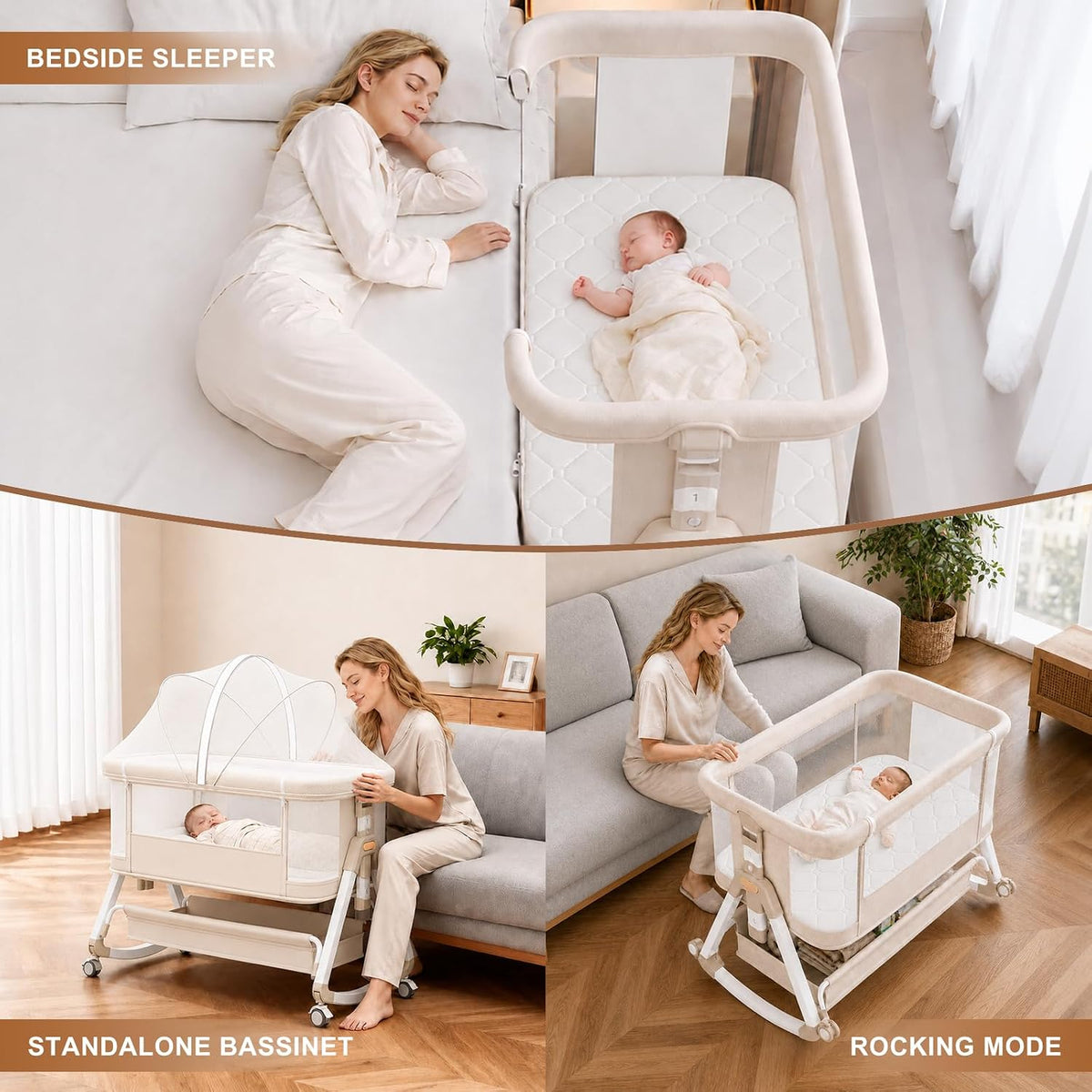 3-in-1 Baby Bassinet, Bedside Crib Breathable Mesh Design for Newborn & Nursery, 4D Air Fiber Mattress Sleeper with Height Adjustable, Storage Basket & Lockable Castors