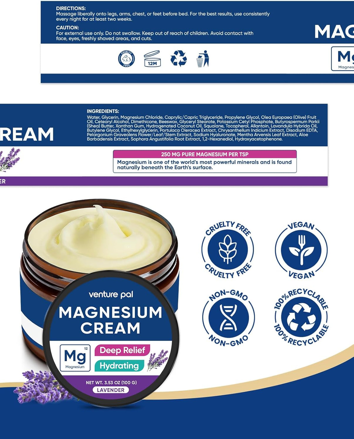 Venture Pal Magnesium Lotion, Topical Magnesium Cream, Fast-Absorbing Moisturizing Lotion with Coconut Oil, Shea Butter & Hyaluronic Acid, Suitable for Kids