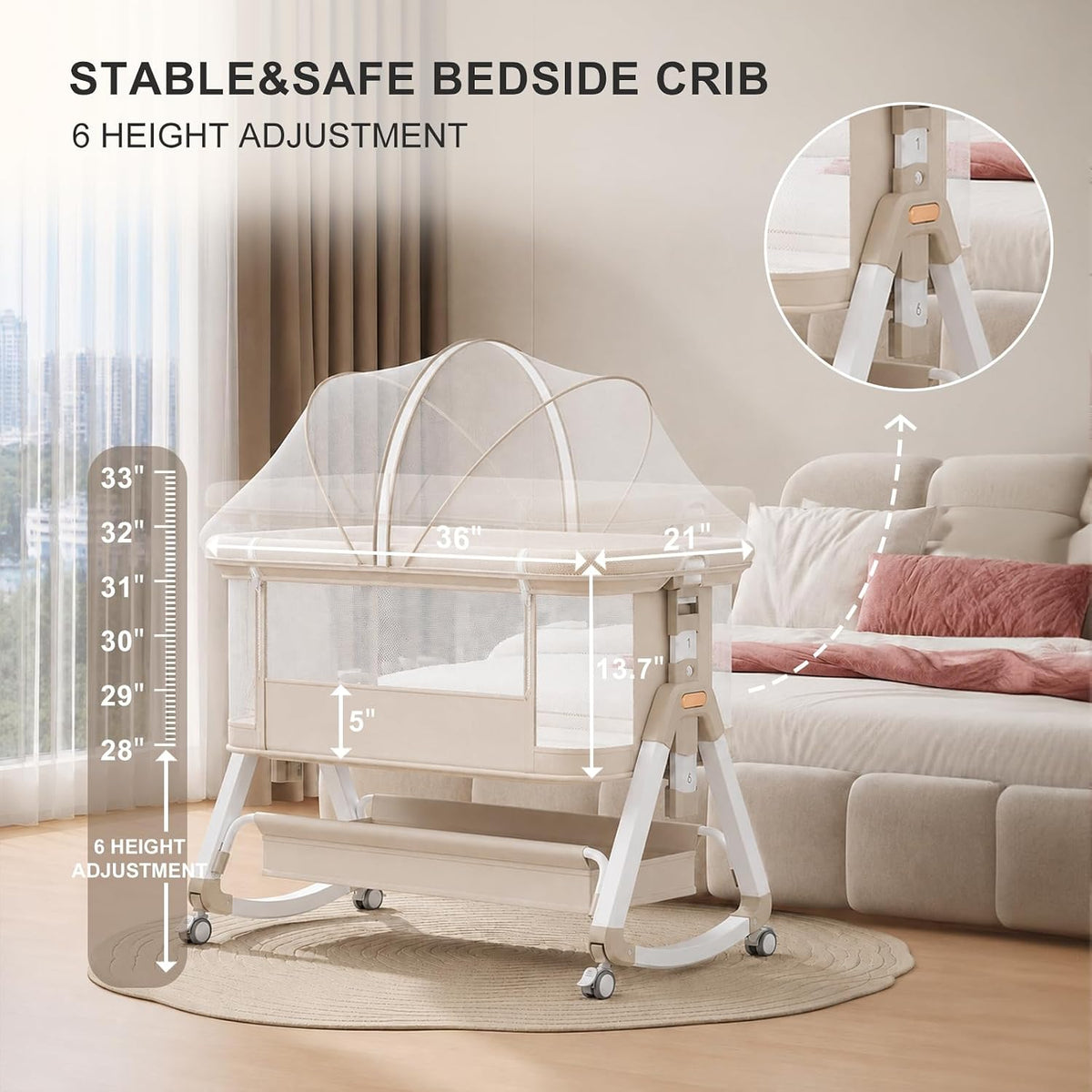 3-in-1 Baby Bassinet, Bedside Crib Breathable Mesh Design for Newborn & Nursery, 4D Air Fiber Mattress Sleeper with Height Adjustable, Storage Basket & Lockable Castors