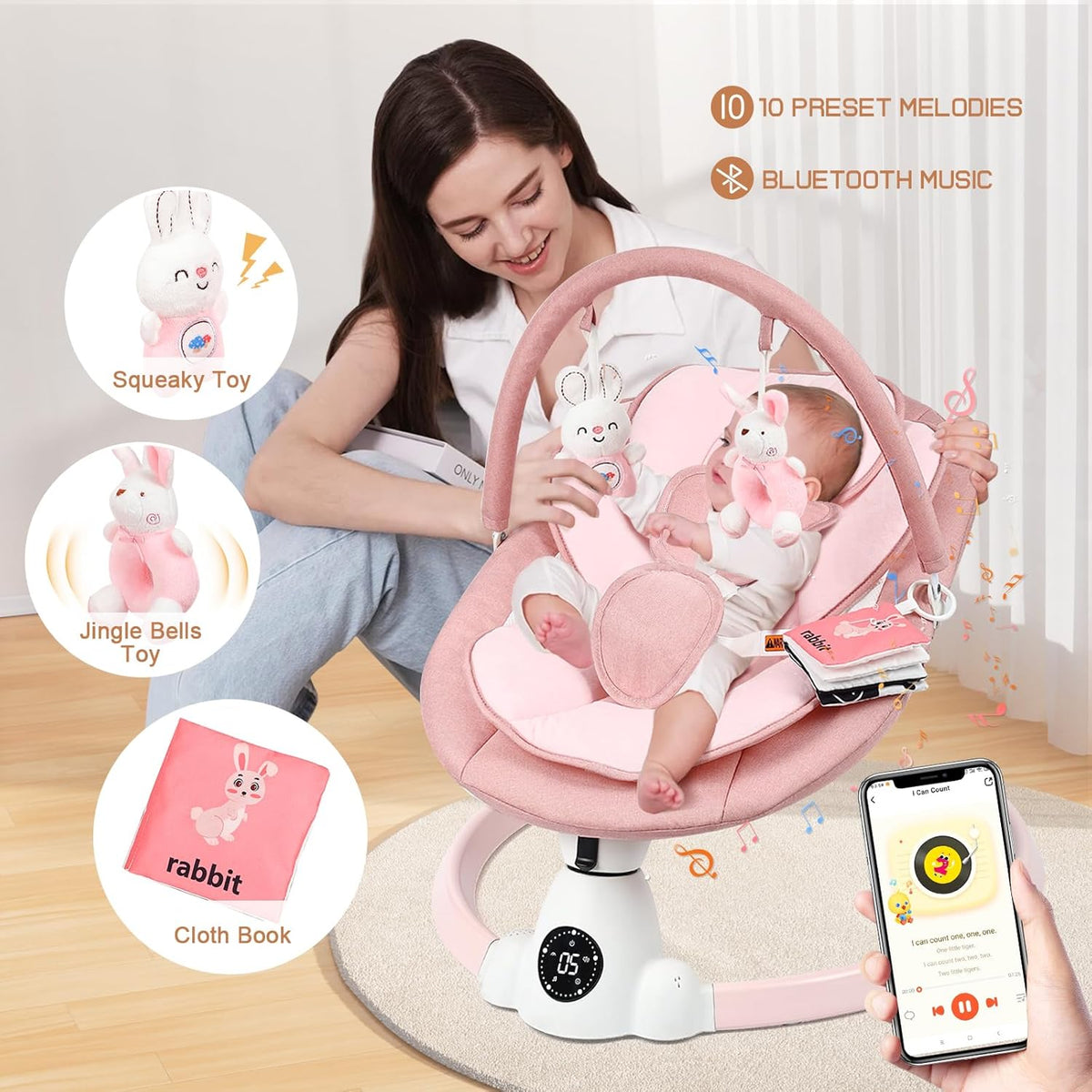 Baby Bouncer, Portable Electric Baby Swing with Bluetooth, 5 Swing Speed, 10 Lullabies, 5-Point Harness, Remote Control & Touch Panel - Bouncer from Birth for Indoor & Outdoor Use(Pink)