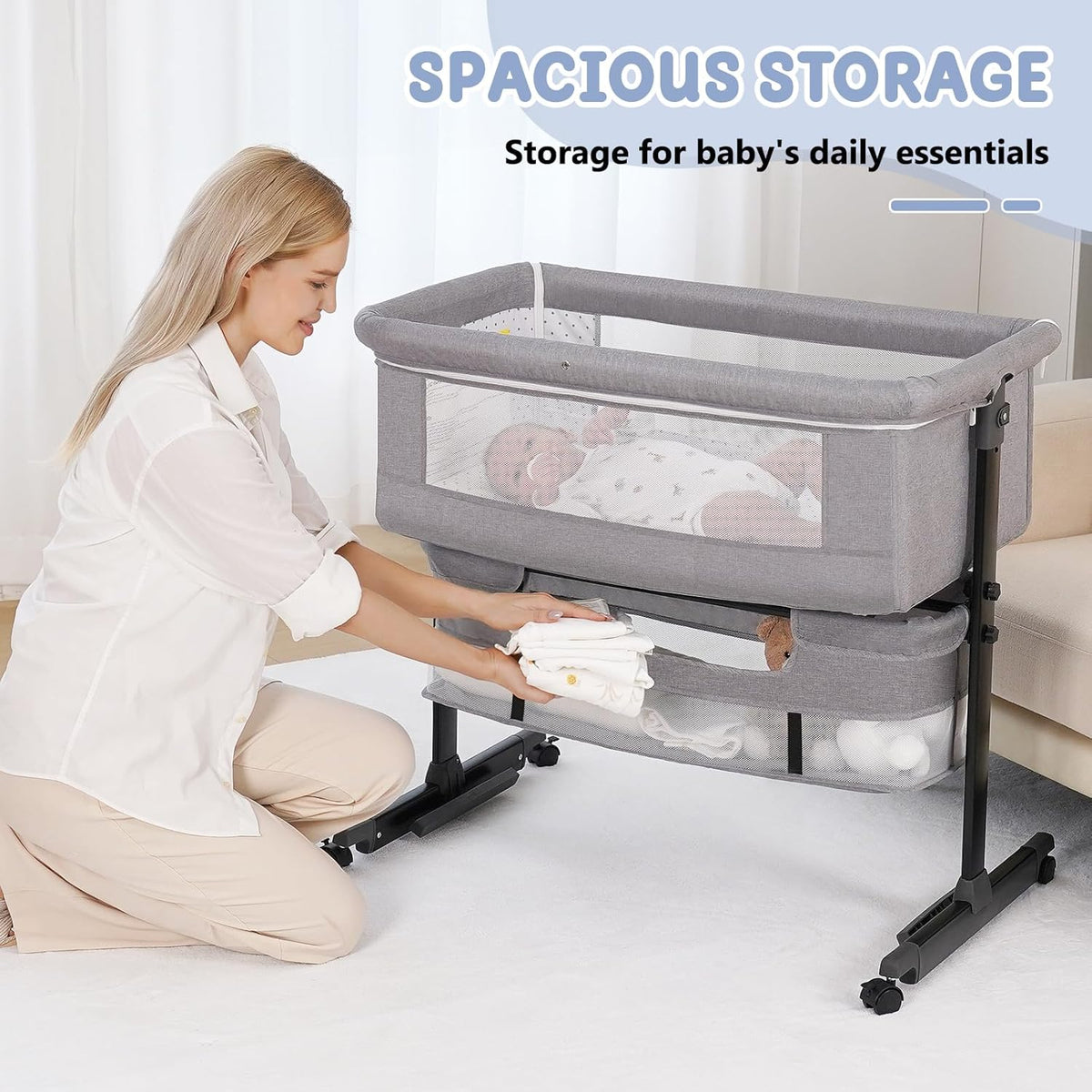 Baby Bassinet, 3 in 1 Bassinets Bedside Sleeper, Adjustable Height Bedside Sleeper with Rocking Mode, Breathable Mesh, Storage Basket, Wheels, Easy Assemble & Folding (Gray)