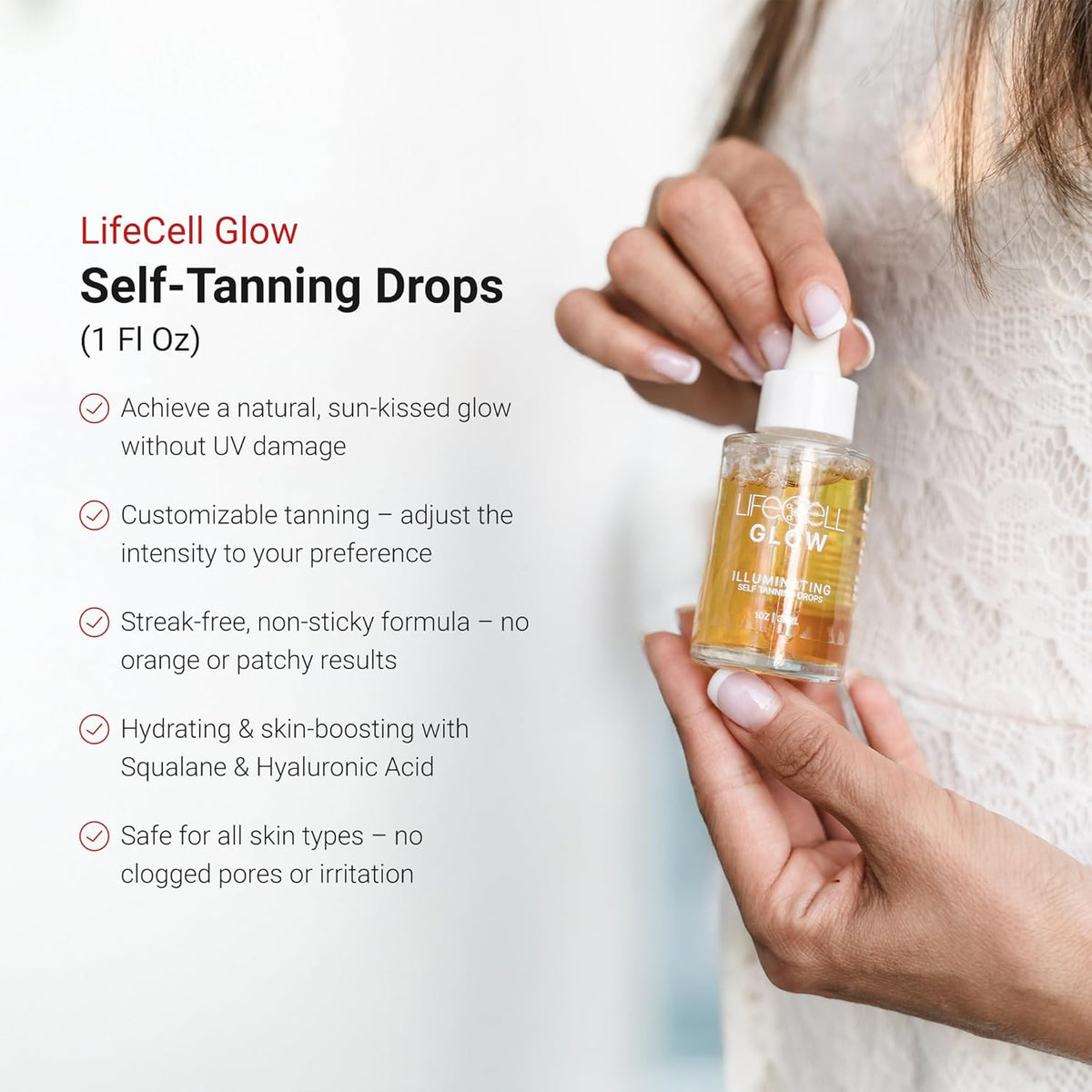 LifeCell Glow Self-Tanning Drops for Face & Body, DHA & Squalane ...