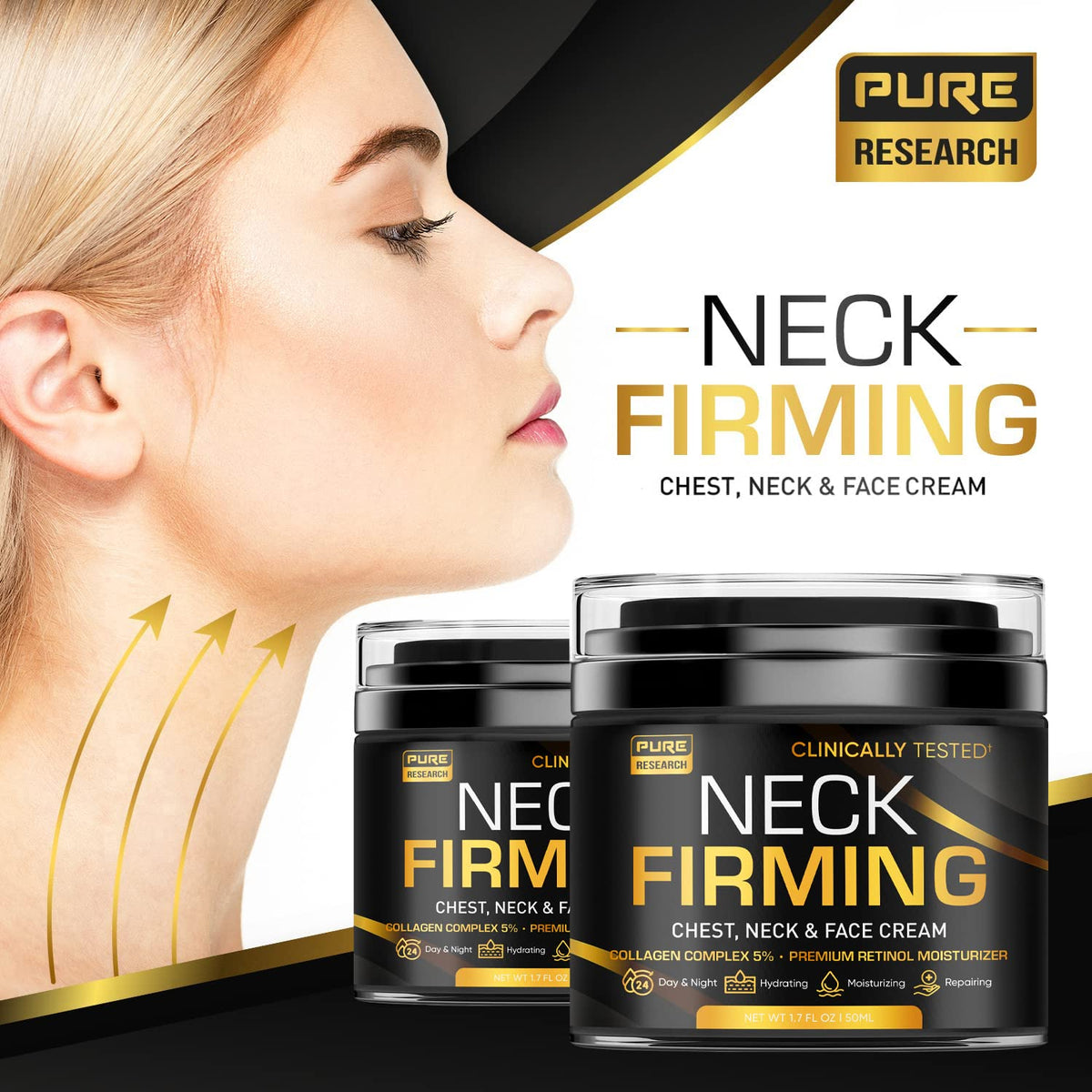 PURE RESEARCH Neck Firming Cream - Anti Wrinkle Cream Day & Night Face Neck and Décolleté Cream