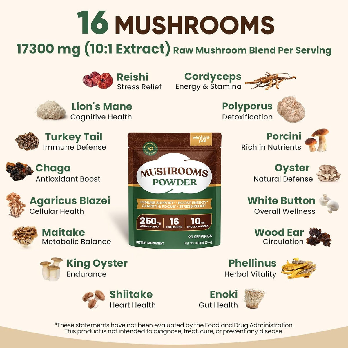 Venture Pal 16 in 1 Mushroom Powder (90 Servings) - 1,557,000mg Mushroom Coffee Alternative with Ashwagandha, Lion’s Mane, Chaga & More | 100% Fruiting Bodies | 10:1 Extract for Immune,Focus & Energy
