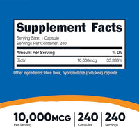Nutricost Biotin (Vitamin B7) 10,000mcg (10mg) Vitamin Supplement, 240 Capsules - Vegetarian, Gluten Free, Quick Release, Non-GMO