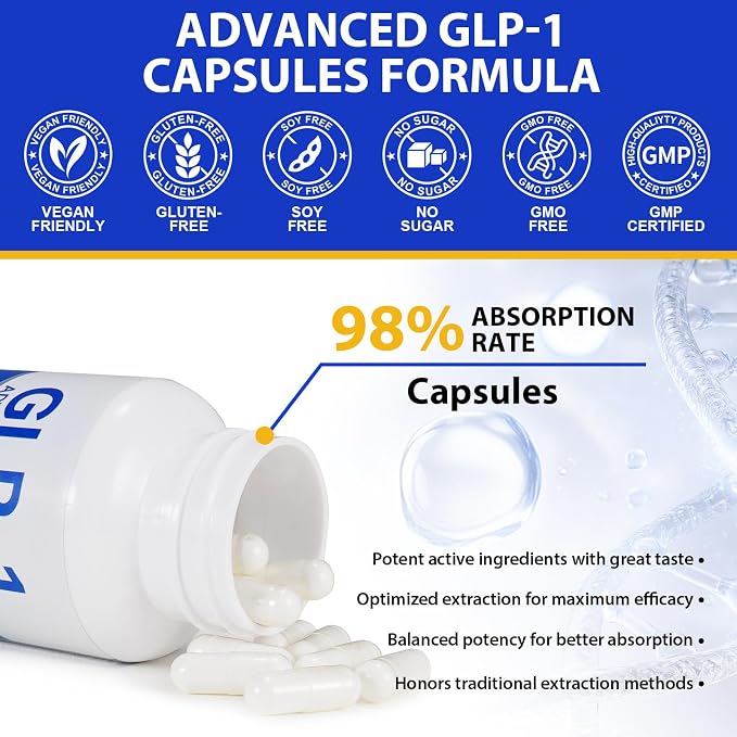 GLP-1 Supplement for Women & Men, 43-in-1 Natural Complex to Boost GLP-1 Levels, Support Appetite Control, Satiety, Metabolism & Digestive Health, Probiotic Nutritional Supplements - 60 Capsules