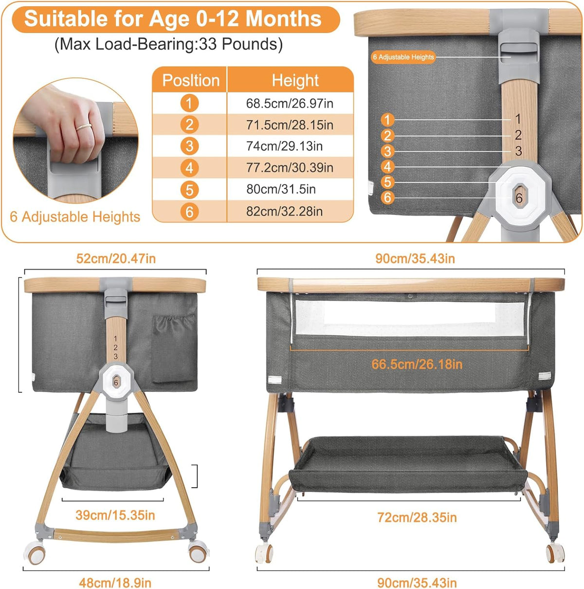 3 in 1 Baby Bassinet, Bedside Sleeper for Baby, Bedside Crib with Wheels & Storage Basket & Mosquito Net, Height Adjustabl