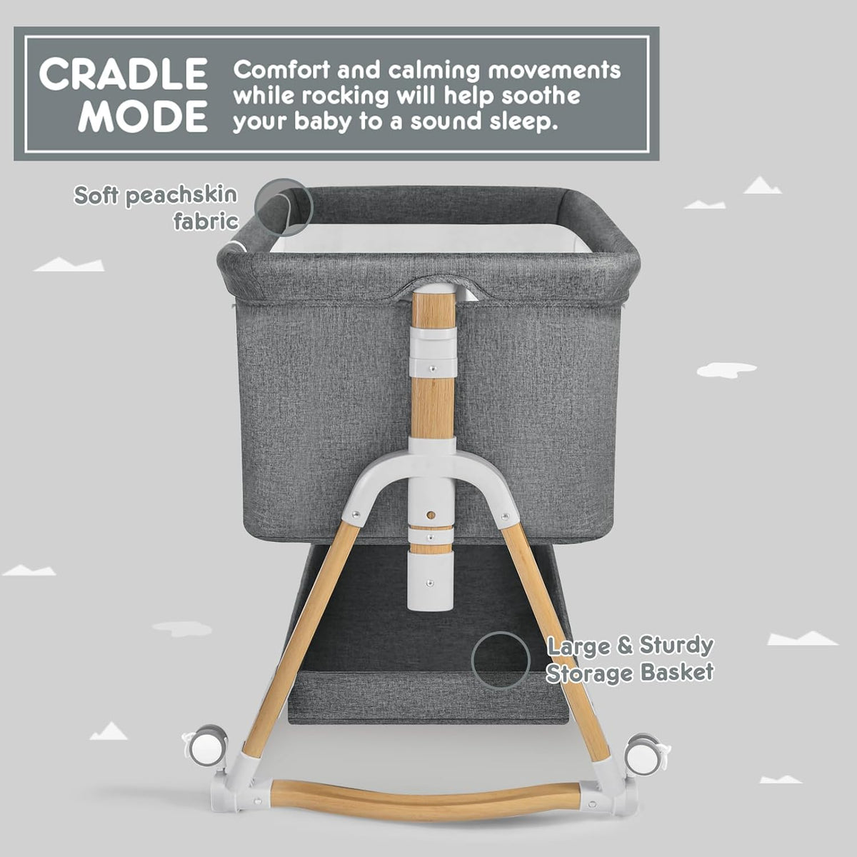 HARPPA Baby Bassinet, Bedside Crib 3 in 1 Bedside Sleeper(Mosquito Net Included), Five-Position Adjustable Bedside Cribs with Mattress for Newborns, Portable Bassinet with Anchor Strap (Grey)