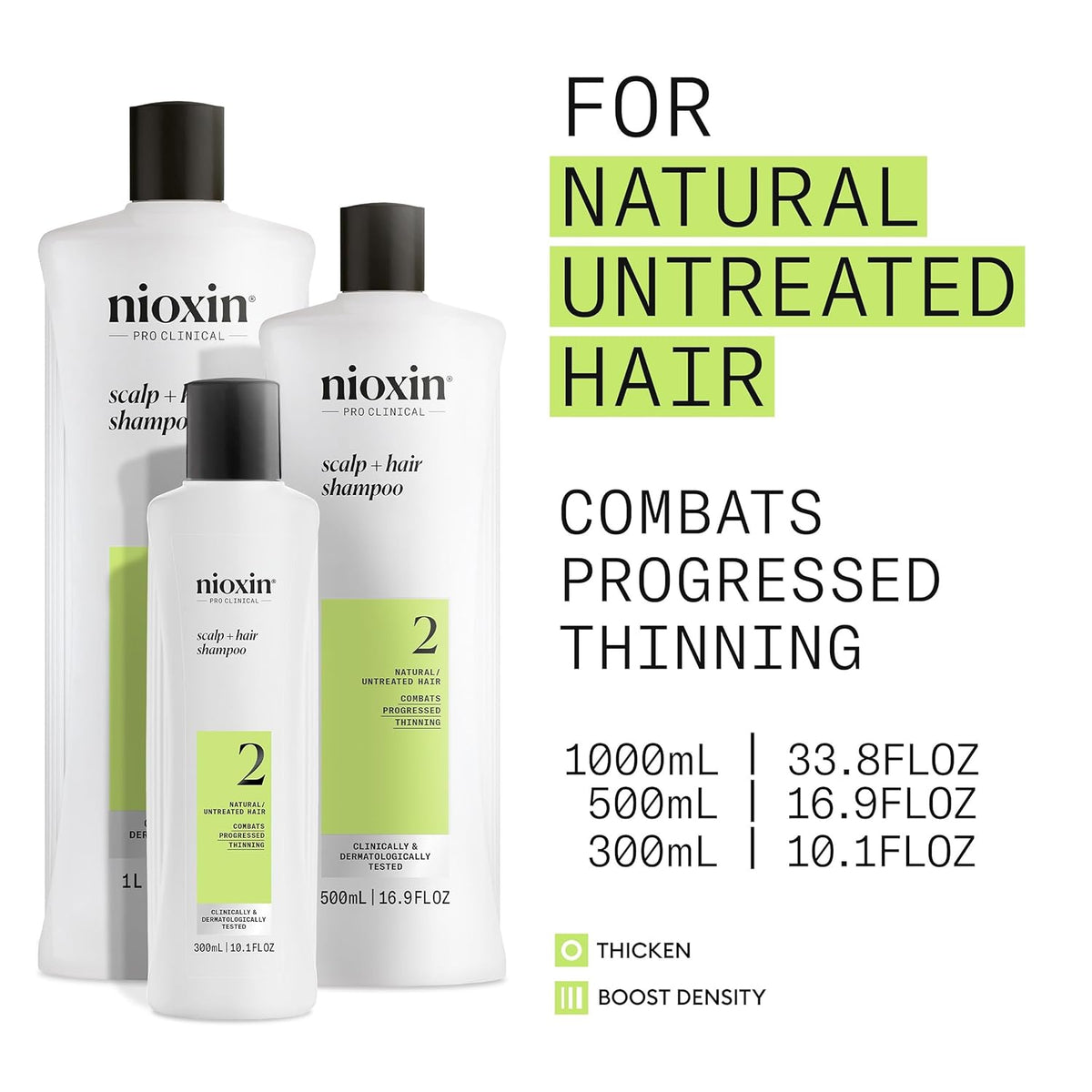 Nioxin System 2 Scalp + Hair Thickening Shampoo for Natural Hair with Progressed Thinning | Cleanse & Boost Hair Density with Niacinamide & Biotin