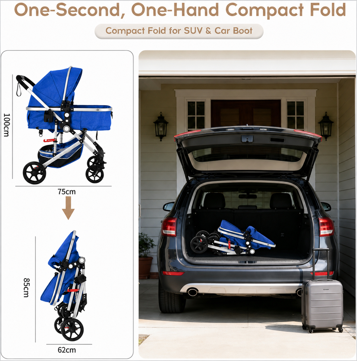 3-in-1 Baby Pram & Stroller, Baby Stroller with Reversible Bassinet, Mother Choice Travel Pram with Spring Shock Absorption, 5-Point Safety Harness, One-Hand Fold, Suitable for Newborn to Toddler