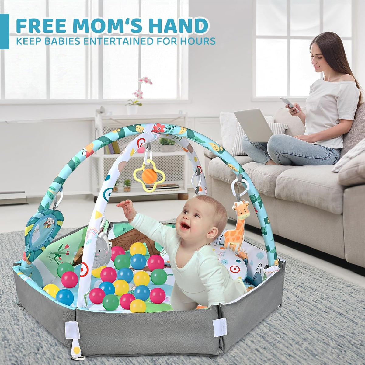 Baby Gym Play Mat, 8-in-1 Tummy Time Mat & Ball Pit with 6 Toys