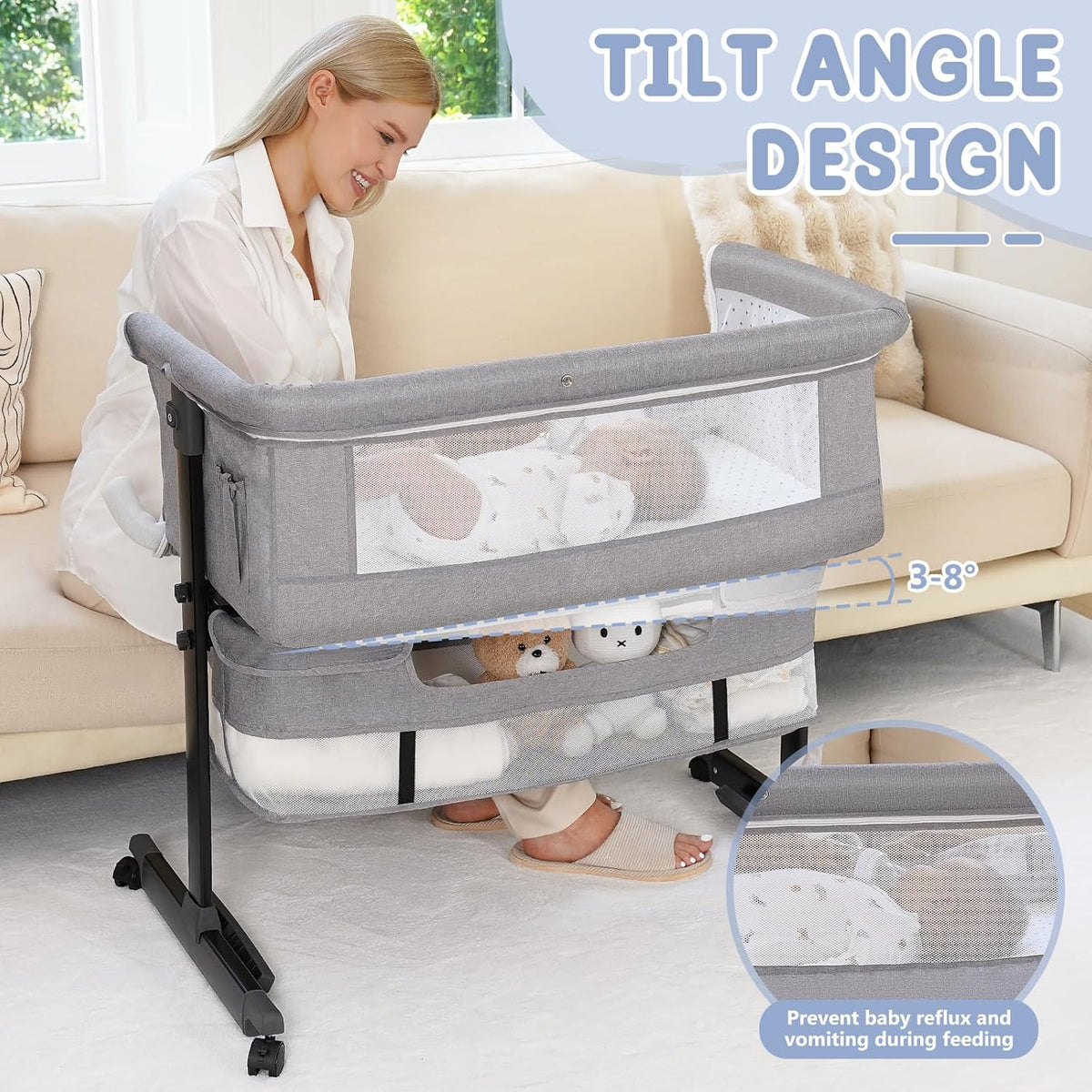 Baby Bassinet, 3 in 1 Bassinets Bedside Sleeper, Adjustable Height Bedside Sleeper with Rocking Mode, Breathable Mesh, Storage Basket, Wheels, Easy Assemble & Folding (Gray)