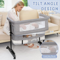 Baby Bassinet, 3 in 1 Bassinets Bedside Sleeper, Adjustable Height Bedside Sleeper with Rocking Mode, Breathable Mesh, Storage Basket, Wheels, Easy Assemble & Folding (Gray)