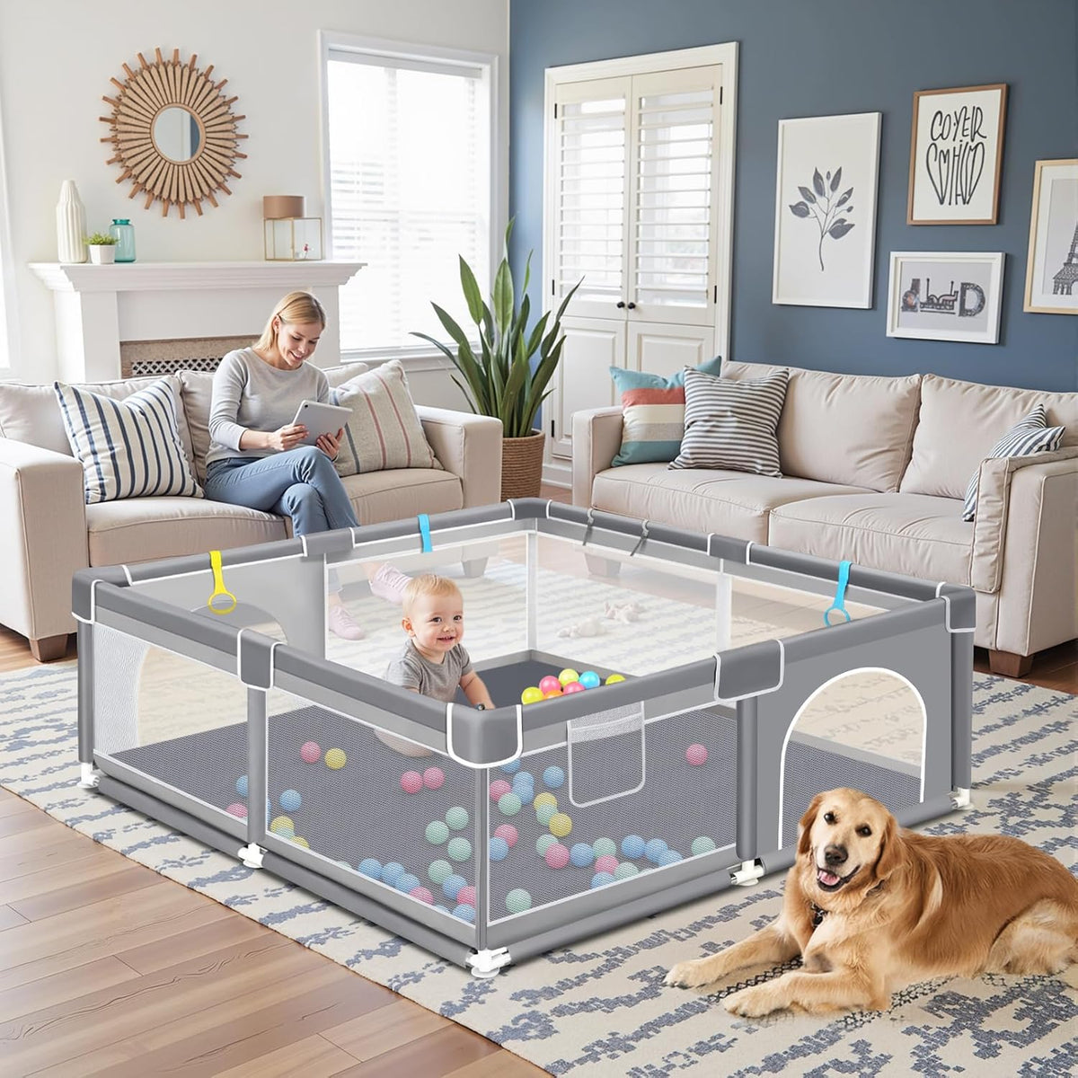 Baby Playpen, 120 * 120cm Playyard Play Pens with 50 Balls,Mat and bag