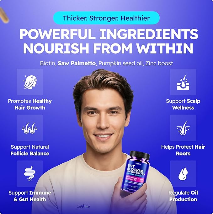 Crotar DHT Blocker for Women & Men | Dual Action Hair Growth Supplement | Saw Palmetto and Pumpkin Seed Oil, Biotin 5000 mcg, Zinc | Hair & Scalp Support Herbal Complex | 90 Capsules